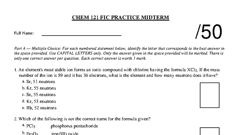 CHEM 121 FIC Practice Midterm Exam Questions and Answers - Studocu