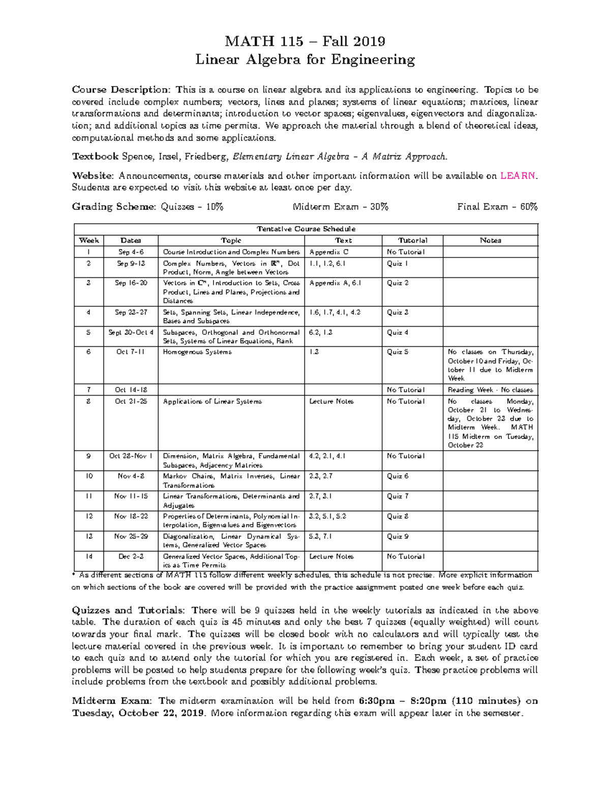 MATH 115 F19 - Lecture Notes on Linear Algebra Concepts - Studocu