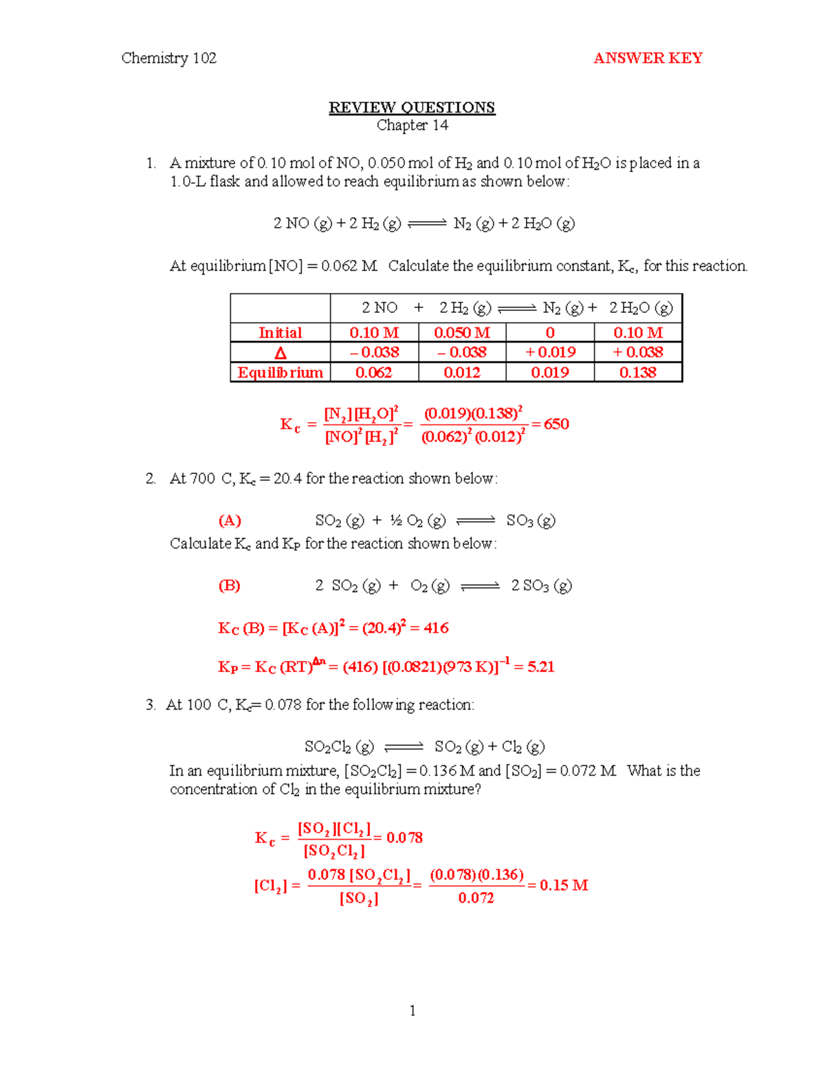 Review 14ANS - class notes - Chemistry 102 ANSWER KEY REVIEW QUESTIONS ...