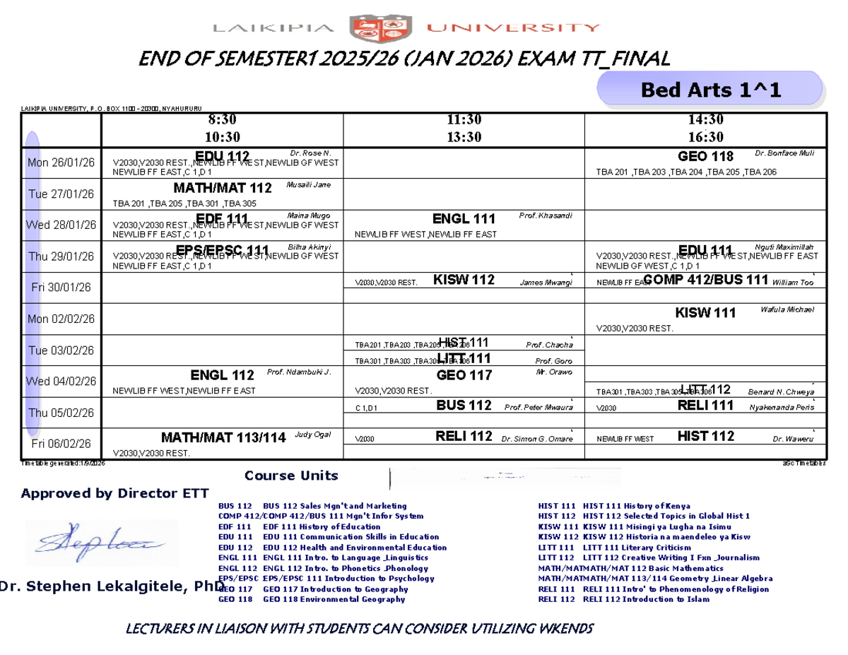 END OF SEMESTER 1 (JAN 2026) EXAM TIMETABLE - LAIKIPIA UNIVERSITY - Studocu
