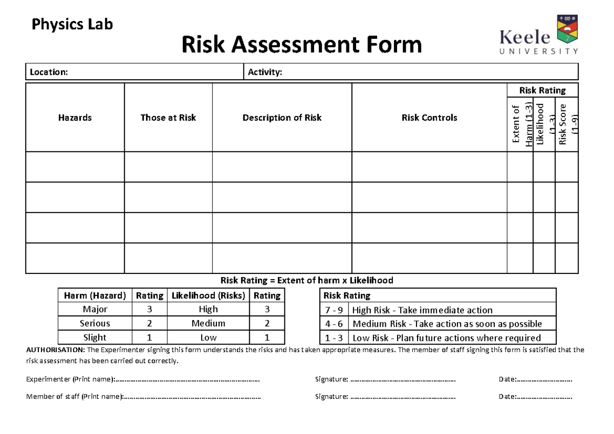 Physics Lab Risk Assessment Form: Identifying Hazards & Controls - Studocu