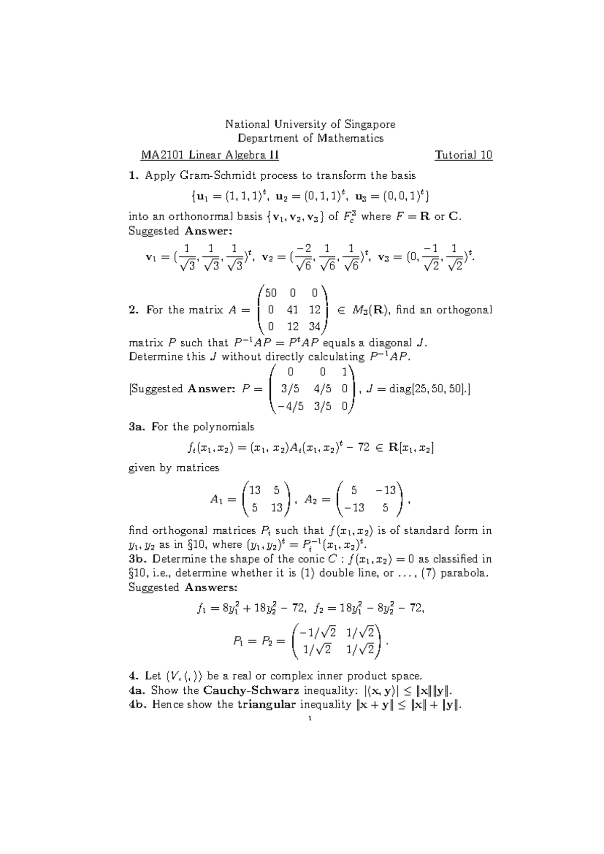 MA2101 Linear Algebra II Tutorial 10: Orthonormal Basis & Matrices ...