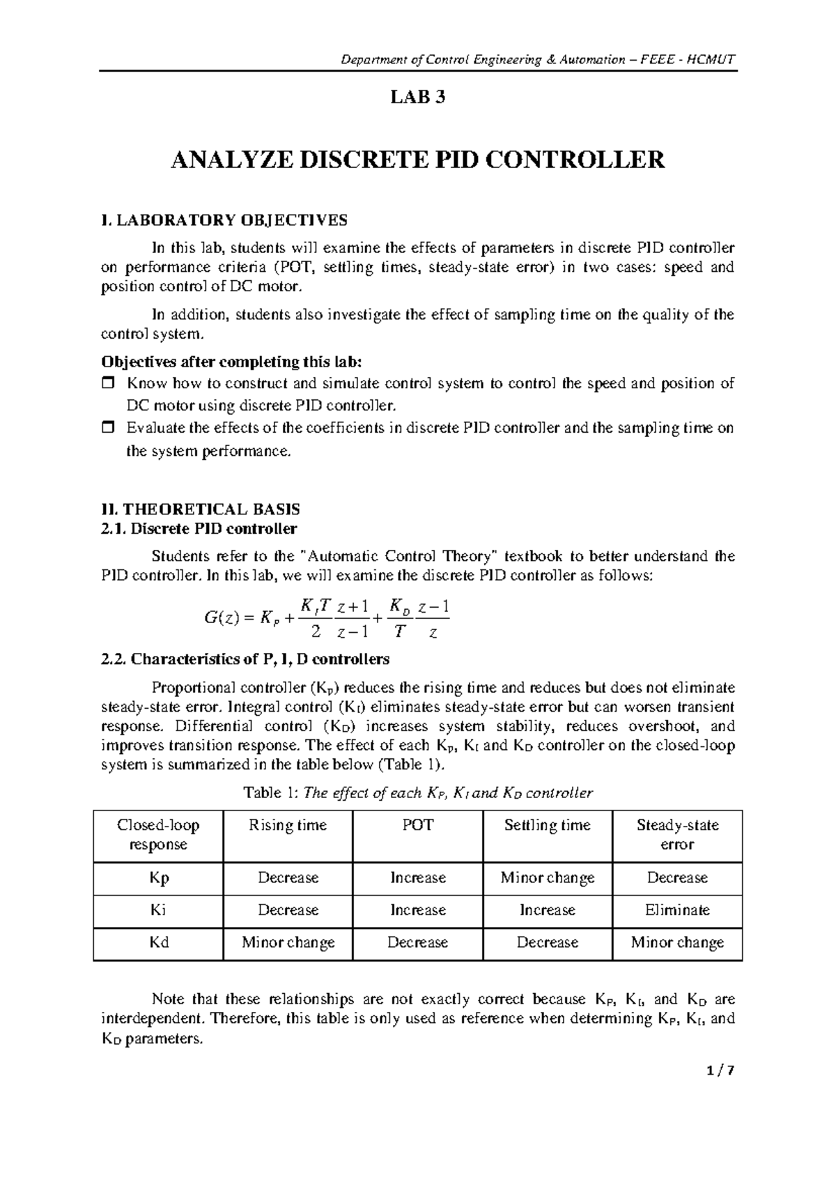 Lab 3 - Analyzing Discrete PID Controller Effects on DC Motor ...