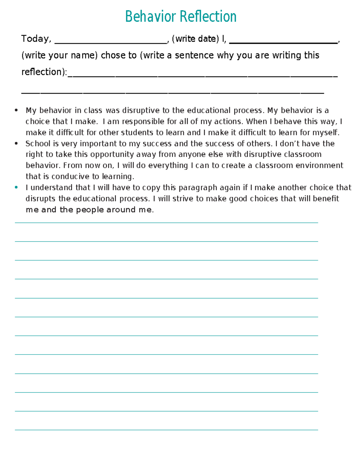 Behavior Reflection Sheet MS-HS: Commitment to Positive Change - Studocu