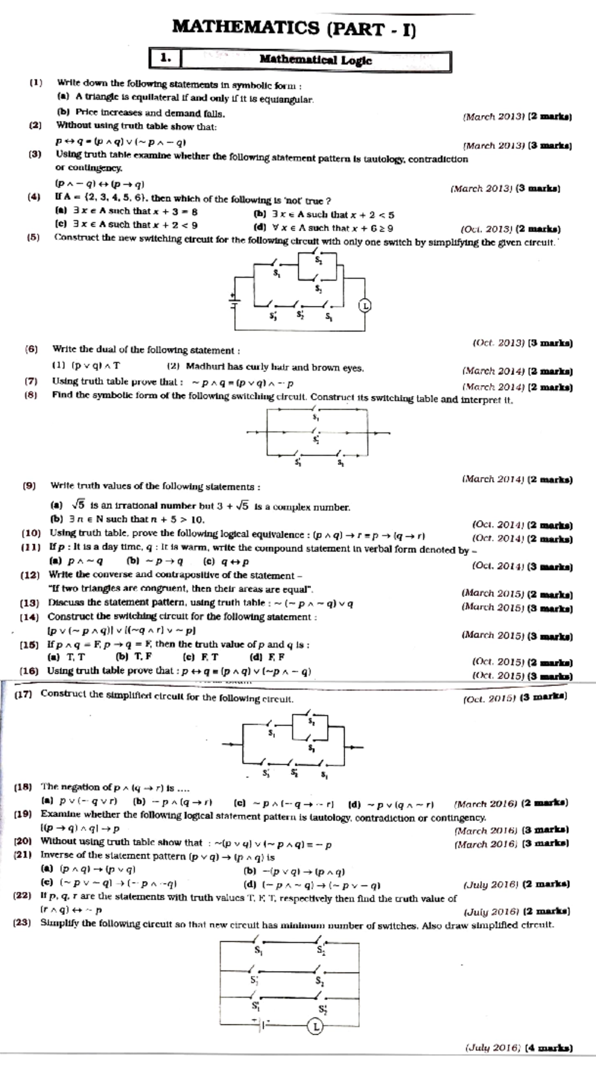 Mathematical Logic Study Notes - Course Code: MAT-101 - Studocu