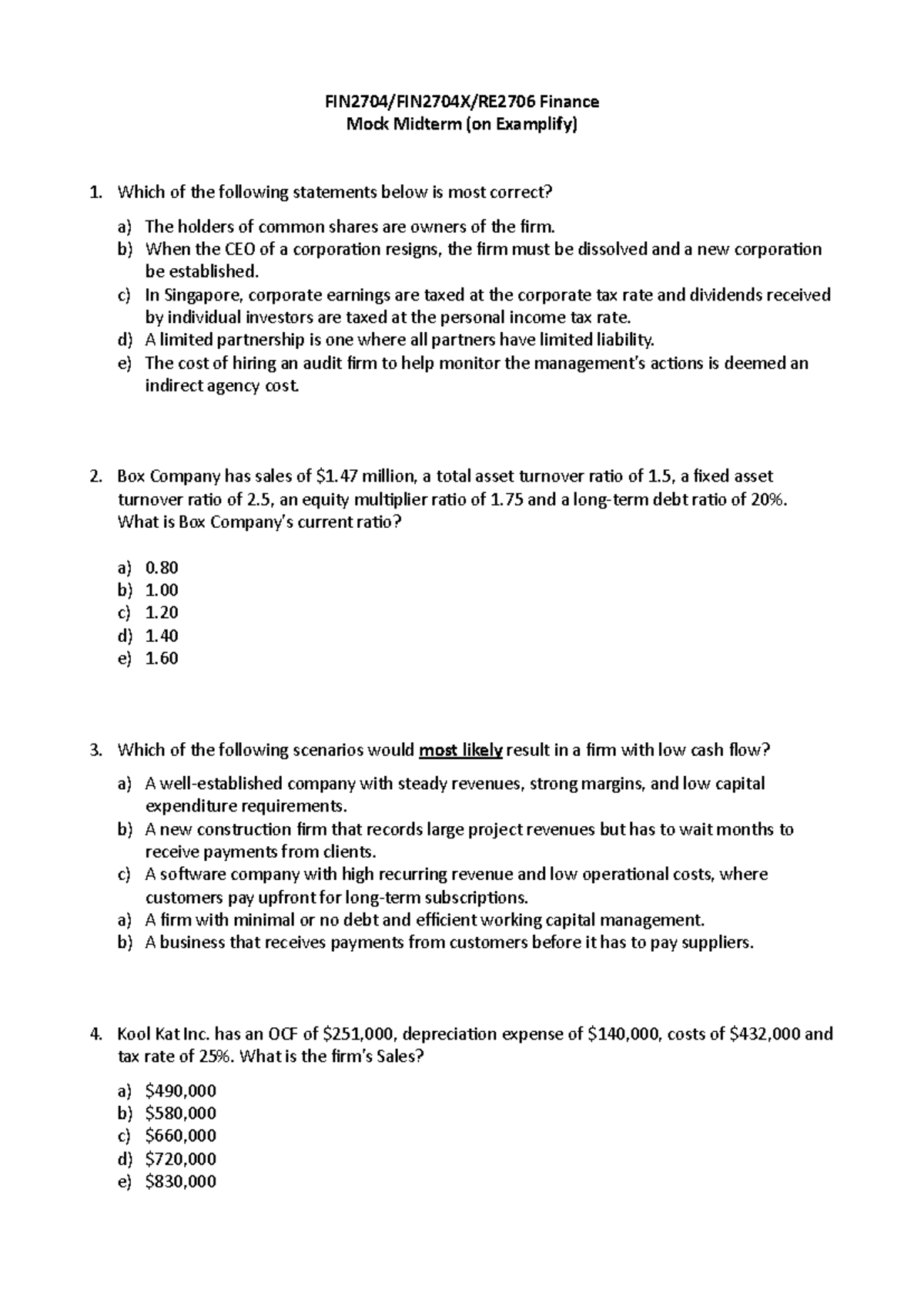 Finance Mock Midterm (on Examplify) - Test Questions - Studocu