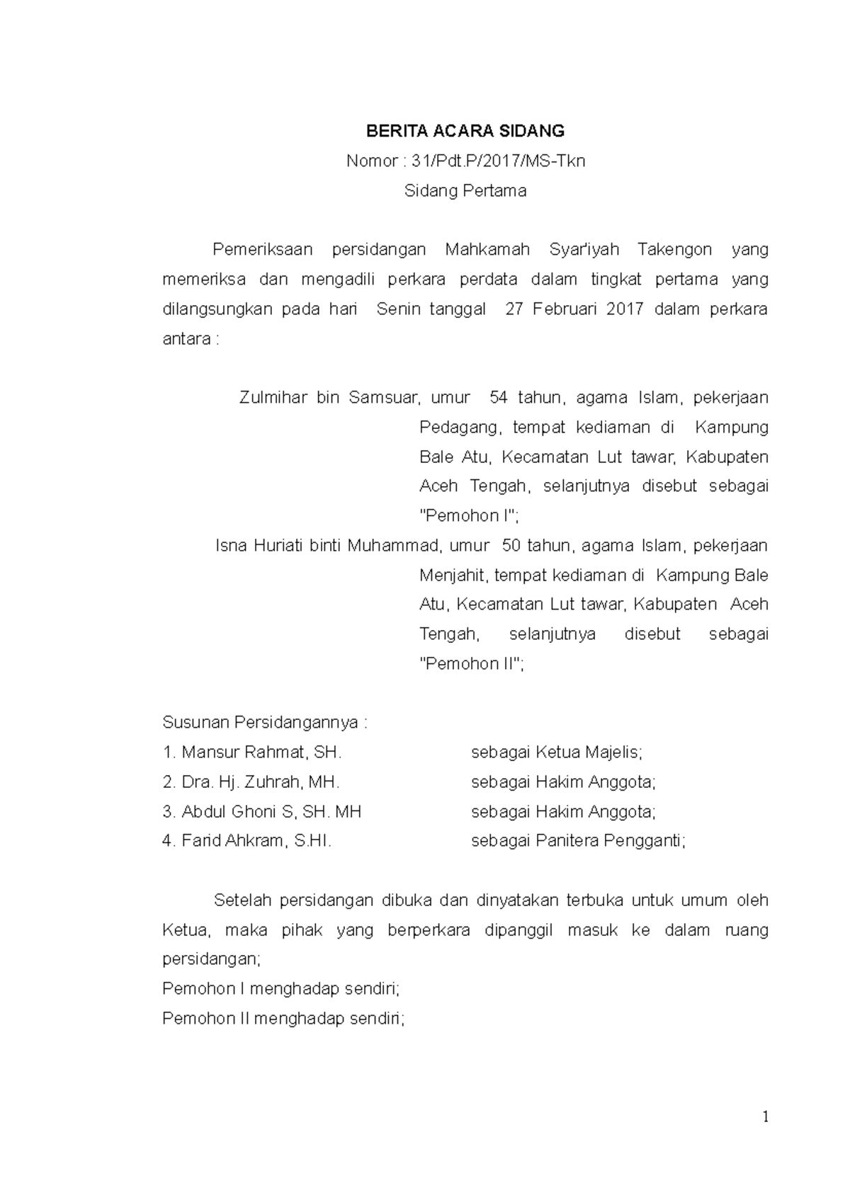 Berita Acara Sidang #31/Pdt.P/2017 Lanjutan Mahkamah Syar'iyah Takengon ...