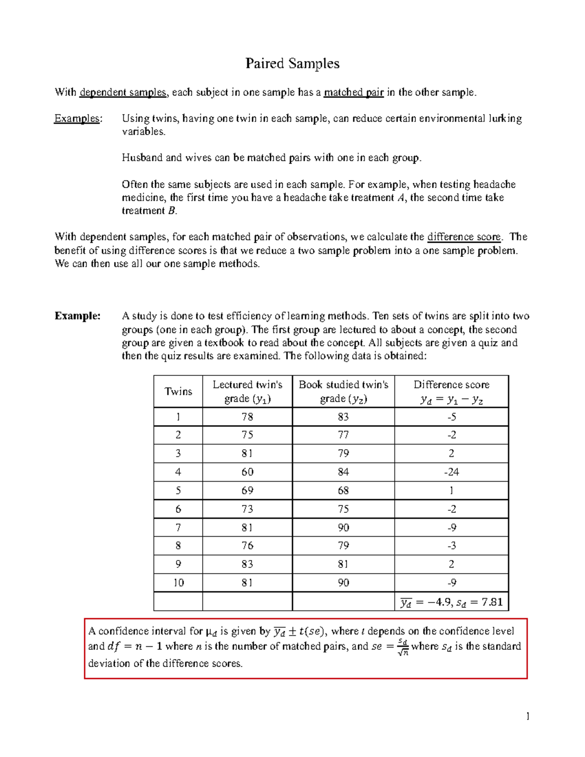 Paired Samples - Filled In - Paired Samples With dependent samples ...