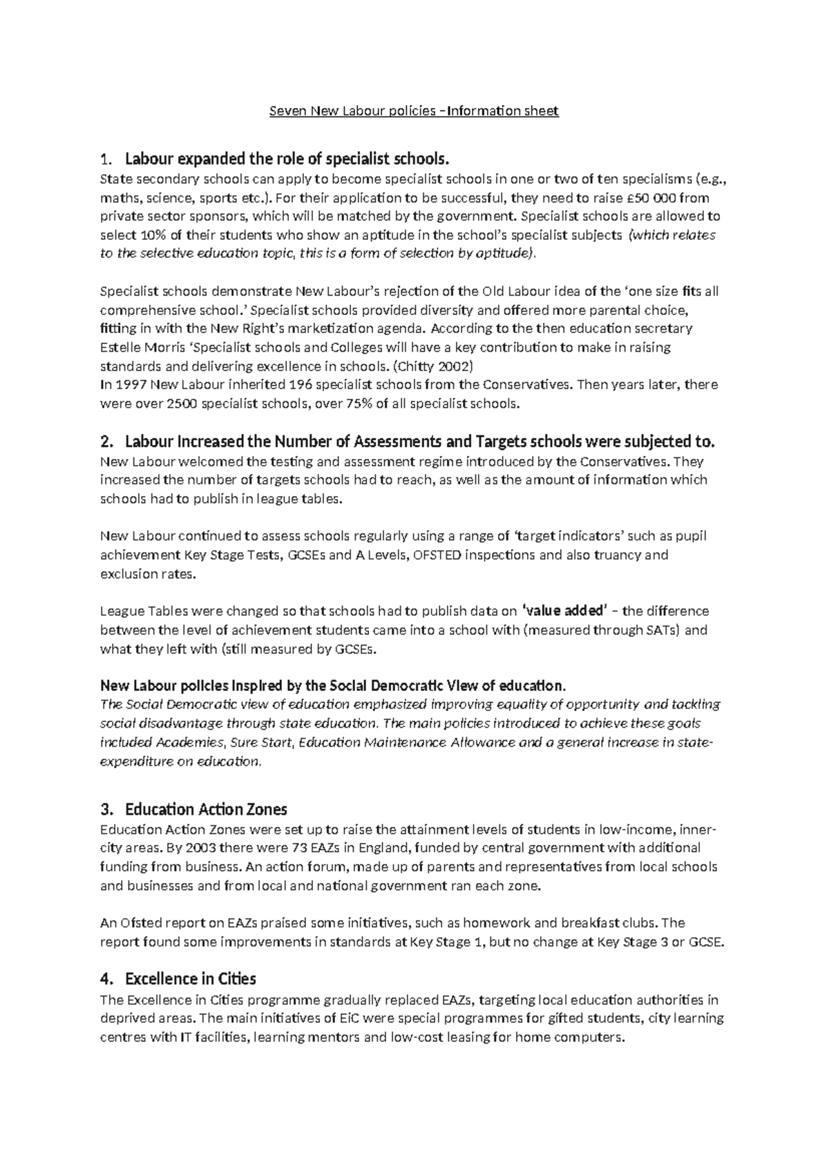Seven New Labour policies - Detailed information sheet - Seven New ...