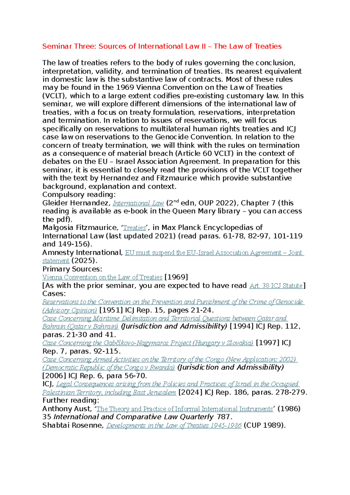 Seminar III: The Law of Treaties and International Law Principles - Studocu
