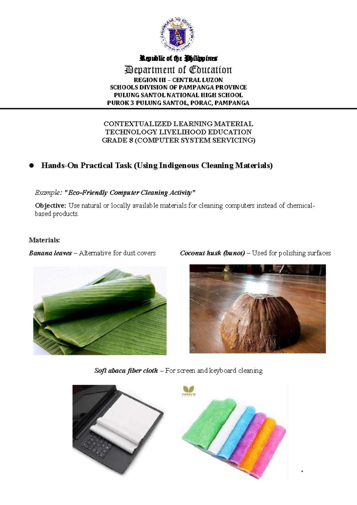 Contextualized Learning Material for Grade 8 CSS: Practical Task Guide ...