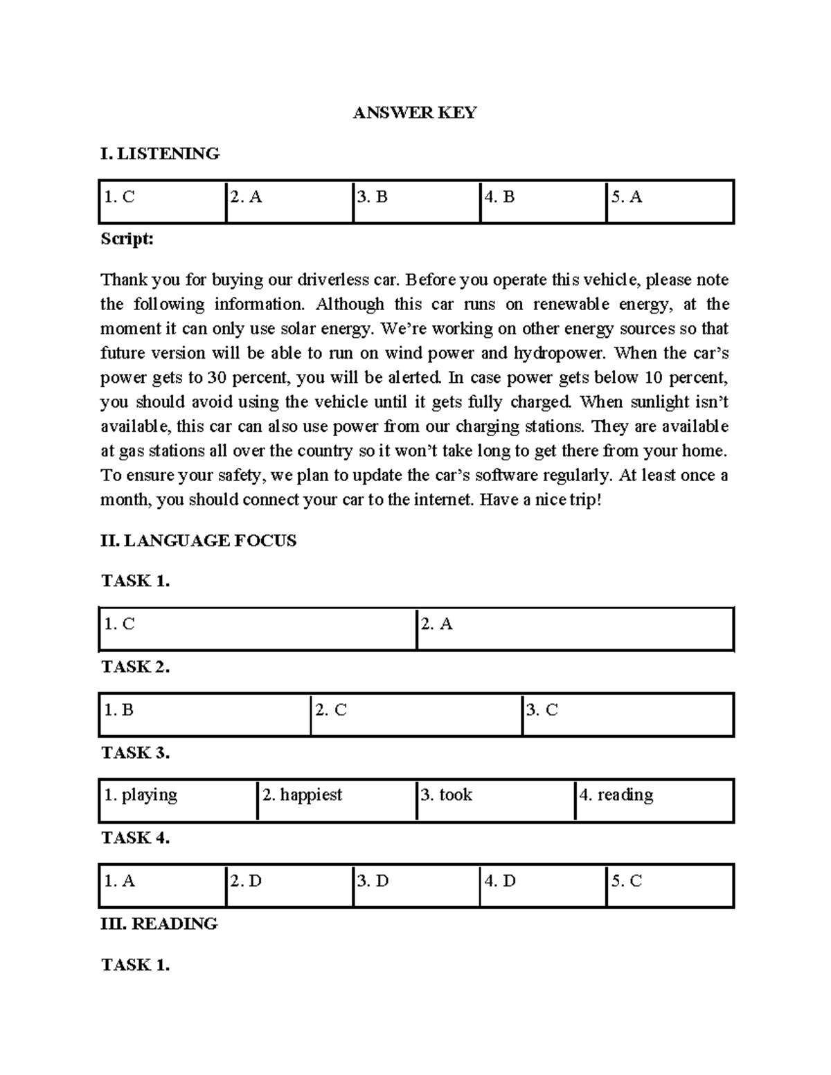 Answer Key 1 - Driverless Car Listening & Language Focus - Studocu