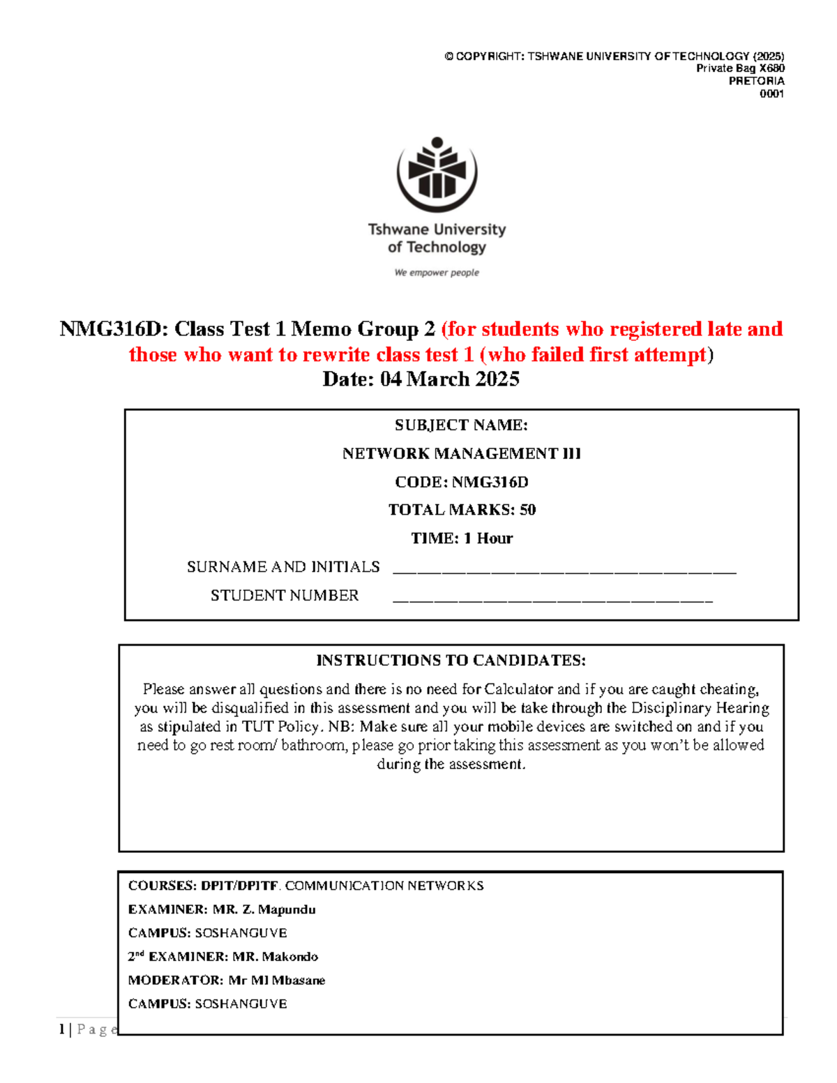 NMG316D: Class Test 1 Memo Group 2 - First Semester 2025 - Studocu