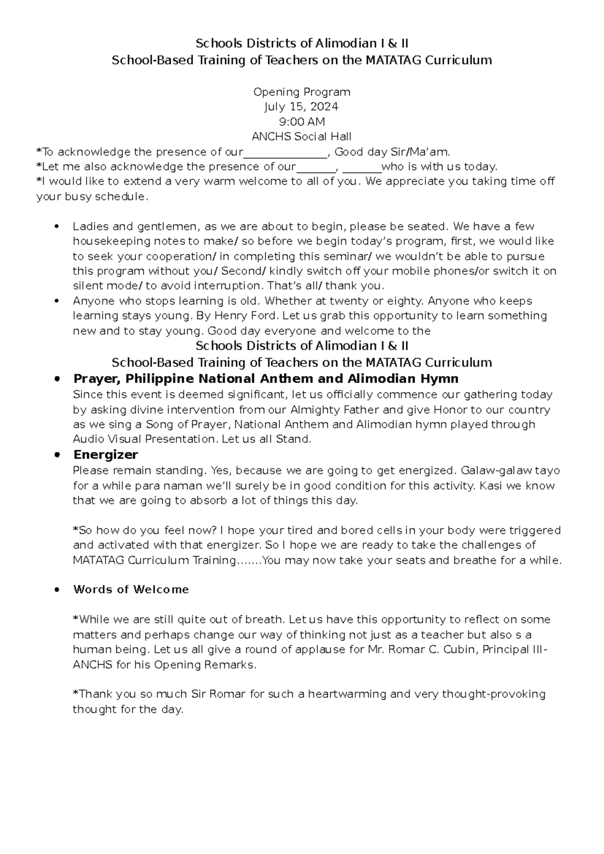 MC Script for School-Based Teacher Training on MATATAG Curriculum - Studocu