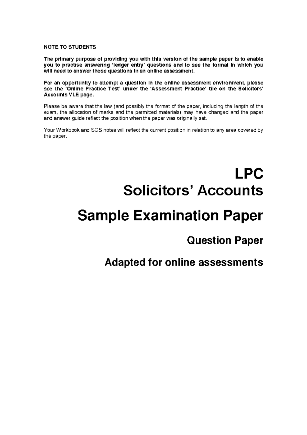 LPC Solicitors' Accounts Sample Exam Paper for Online Assessments - Studocu