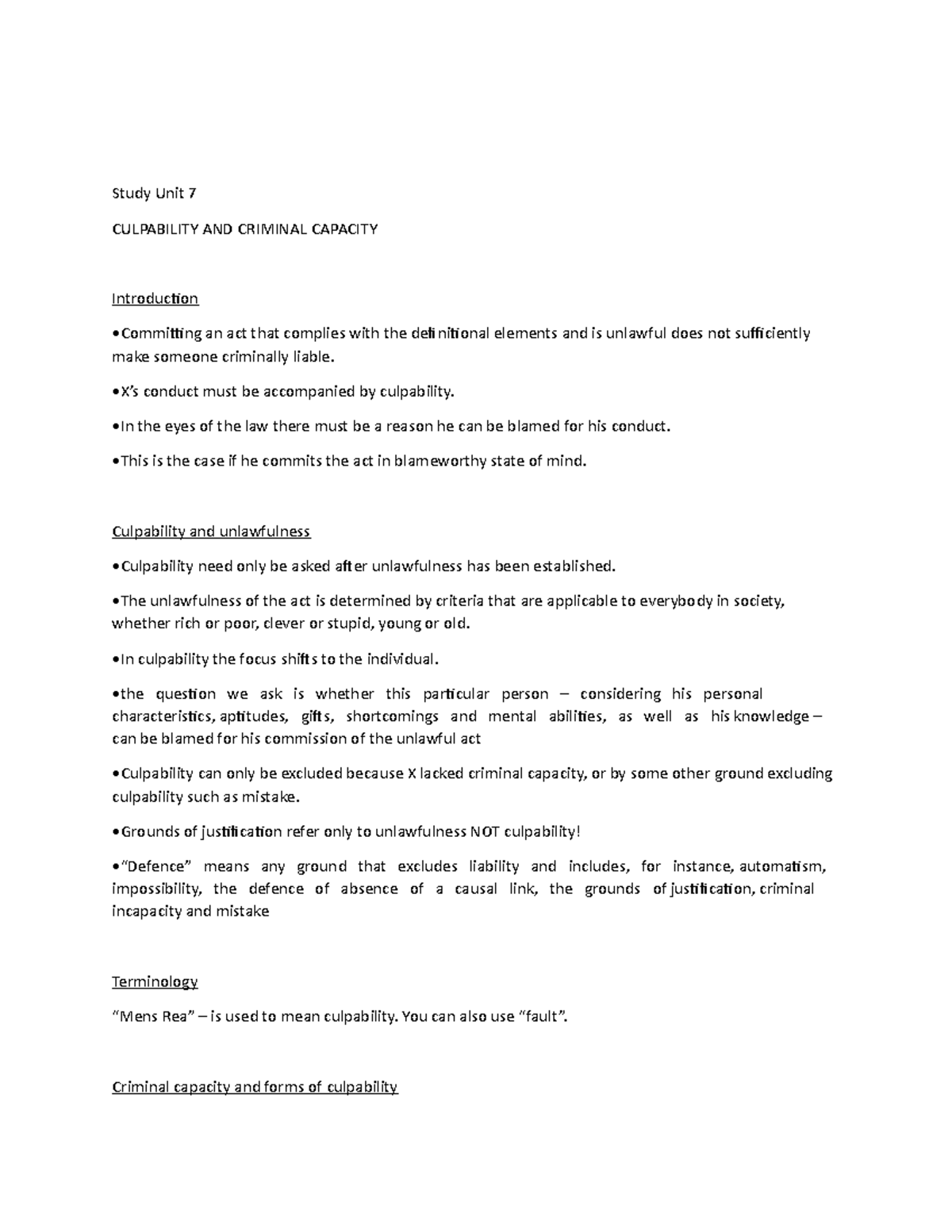Chapter 7: Culpability and Criminal Capacity in Law Studies - Studocu