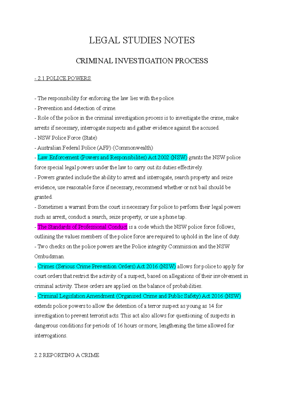 LEGAL STUDIES NOTES: CRIMINAL INVESTIGATION PROCESS 2.1-3.1 - Studocu