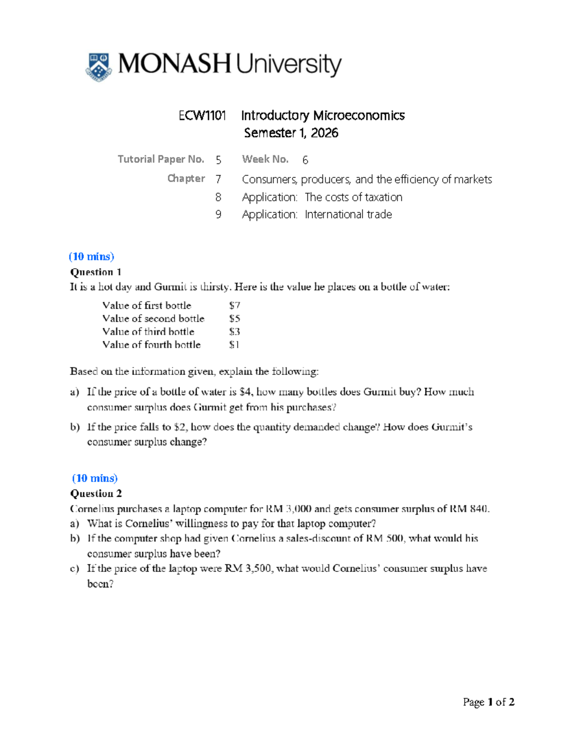 Tutorial 5 for Week 6 class discussion - Introductory Microeconomics ...