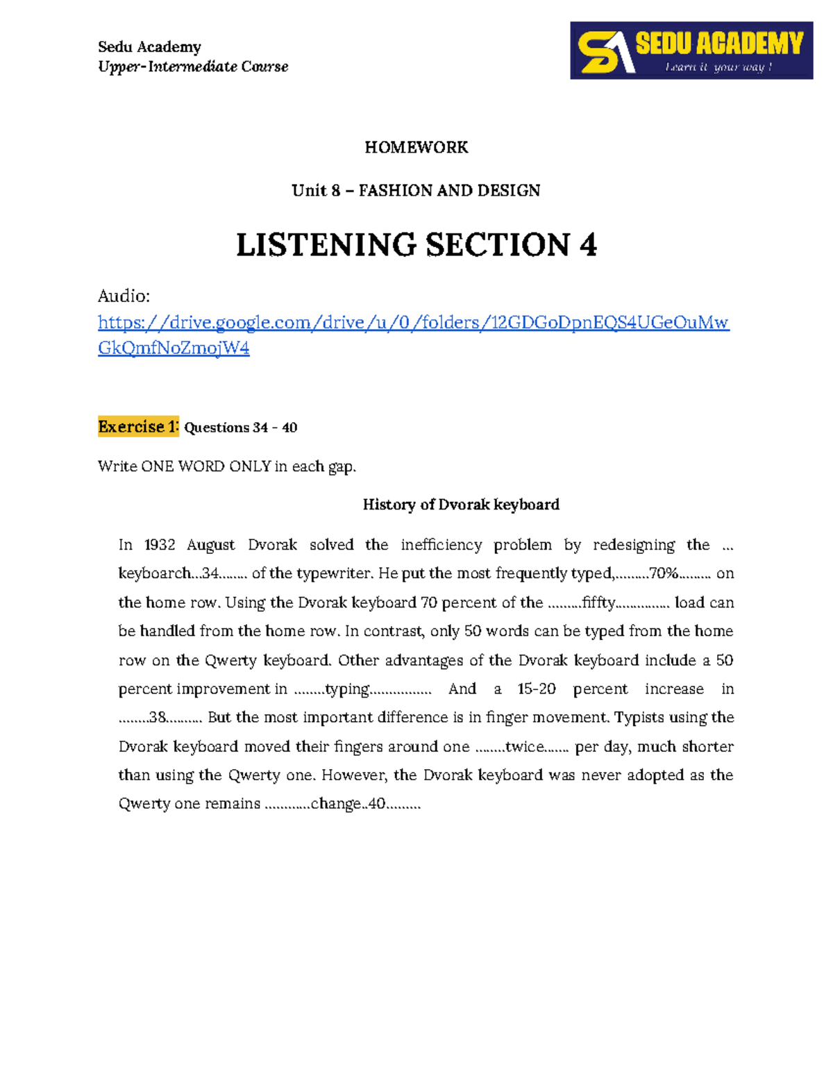 Listening Exercises for Unit 8: Fashion and Design (UI) - Studocu