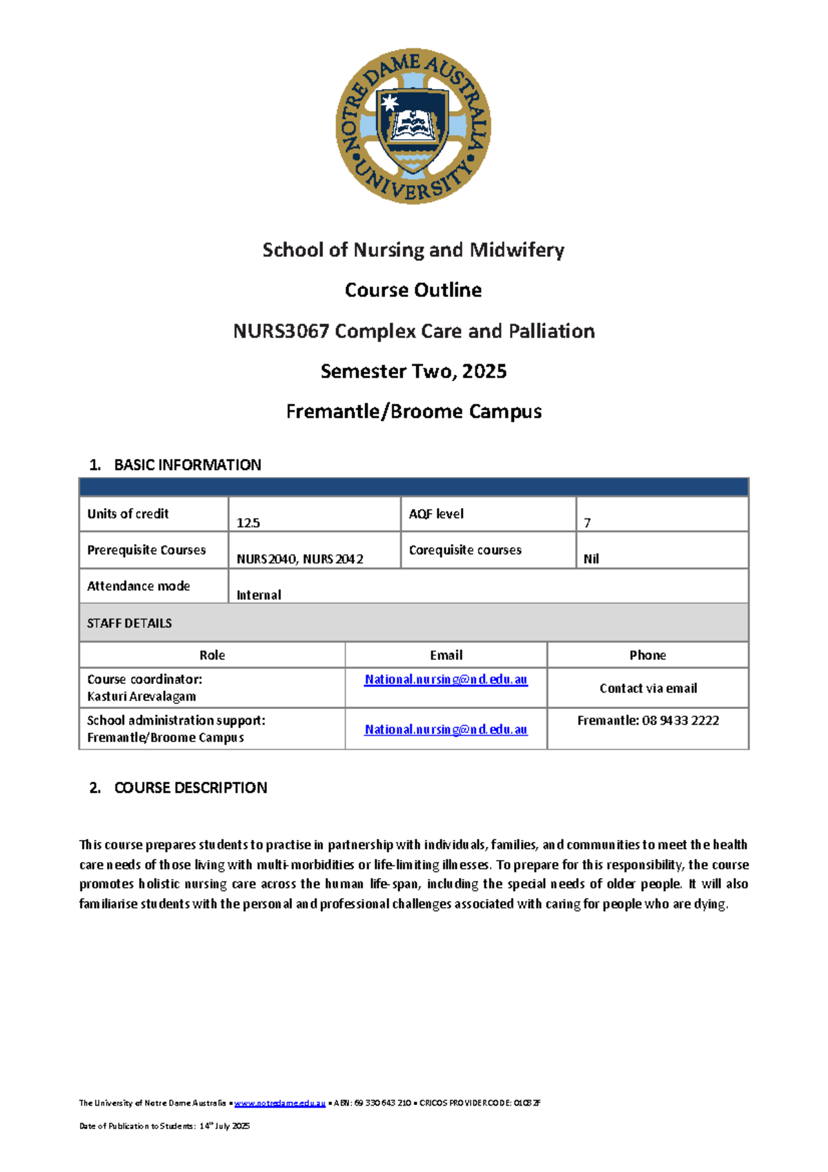 NURS3067 Course Outline: Complex Care & Palliation - Semester 2, 2025 ...