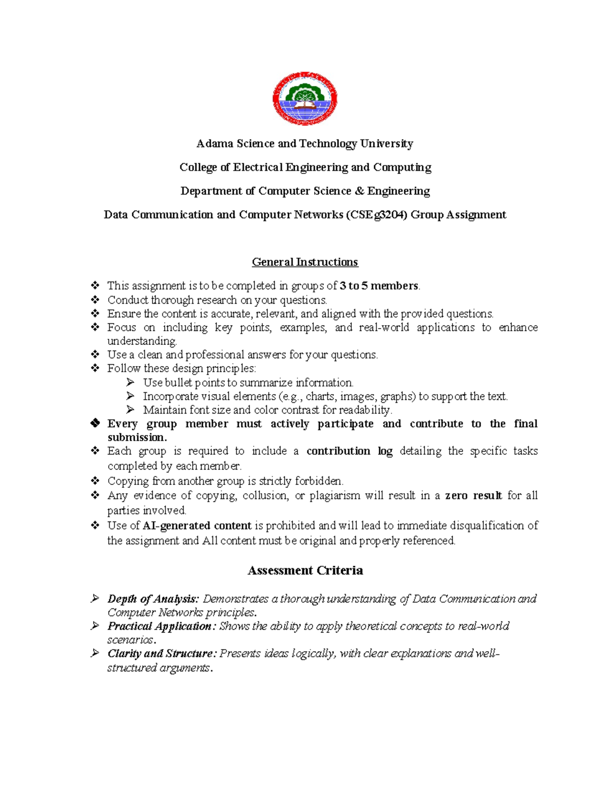 CSEg3204 Data Communication and Computer Networks Group Assignment ...