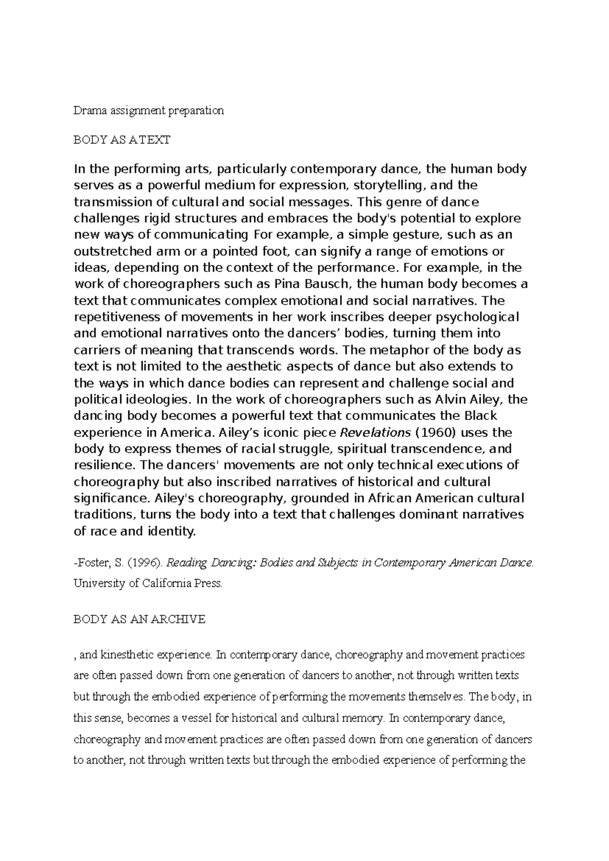 DRAMA 101: Body as Text in Contemporary Dance Assignments - Studocu
