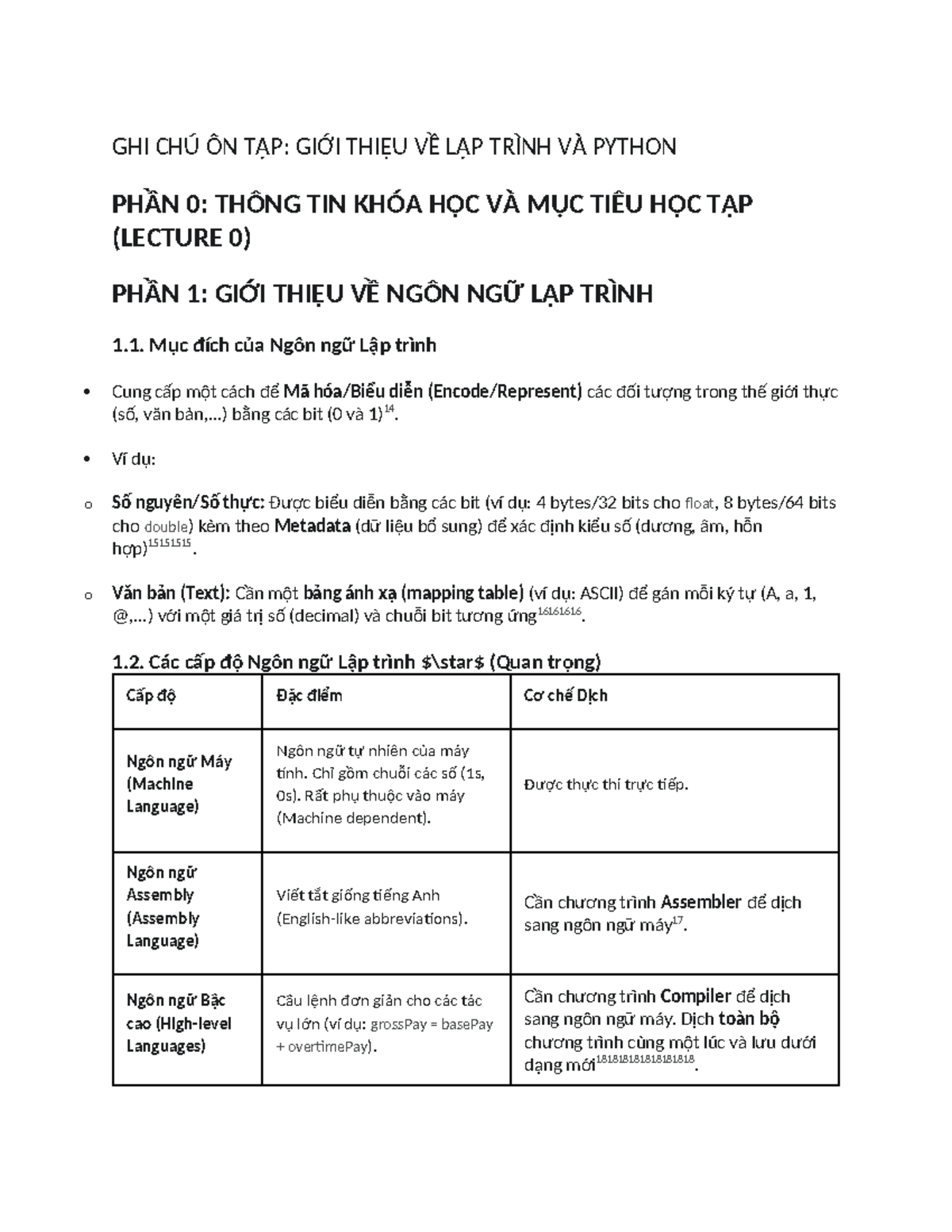 GHI CHÚ ÔN TẬP: GIỚI THIỆU VỀ LẬP TRÌNH VÀ PYTHON (LECTURE 0) - Studocu