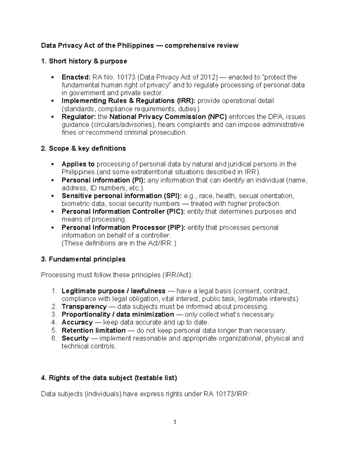 Lecture Midterms: Comprehensive Review of RA 10173 - Data Privacy Act ...