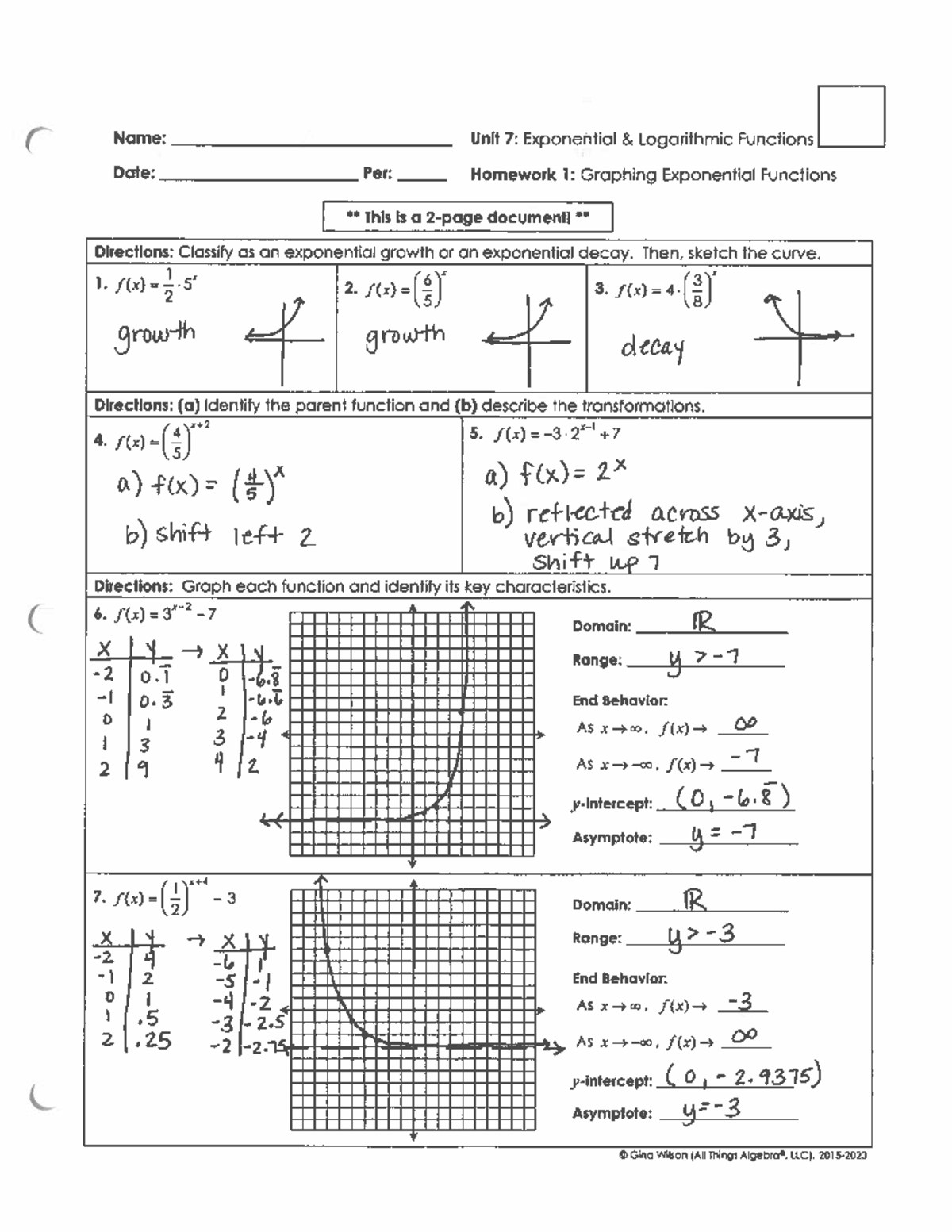 Unit 7: Exponential & Logarithmic Functions Homework Keys - Studocu