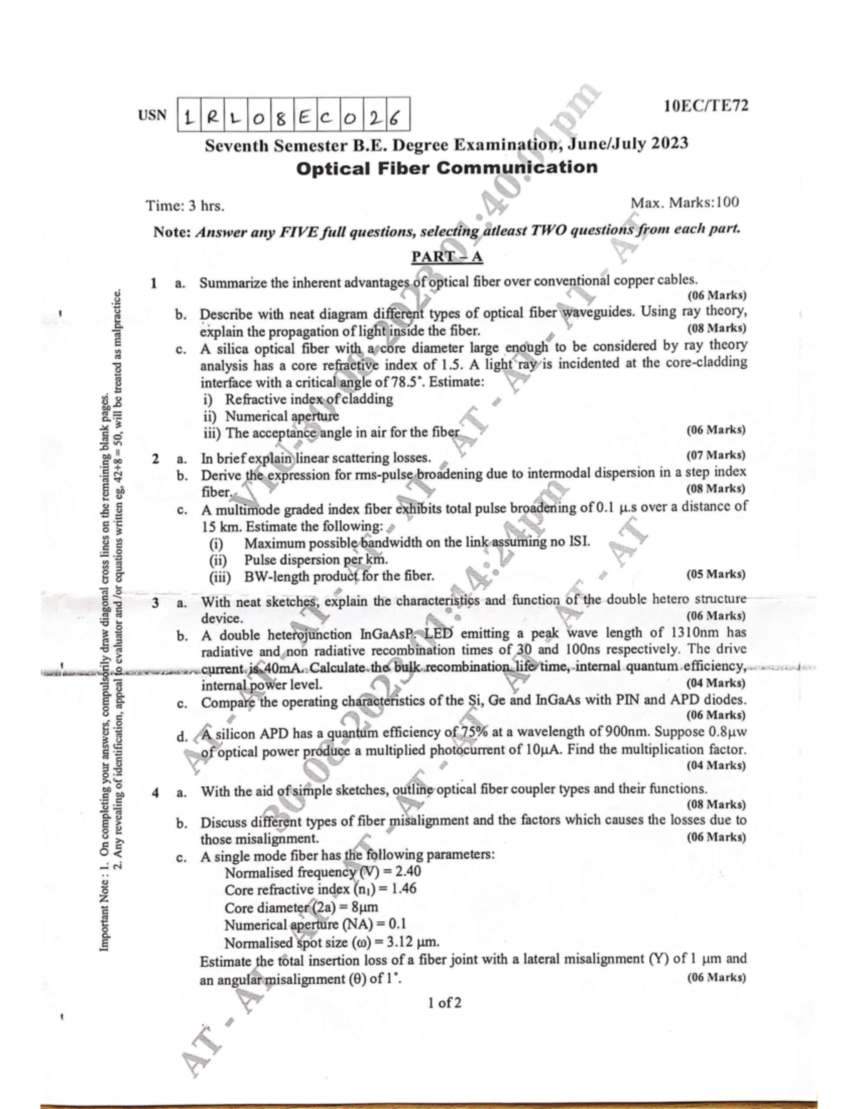 Optical Fiber Communication 10EC72 June-July Question paper - USN ...