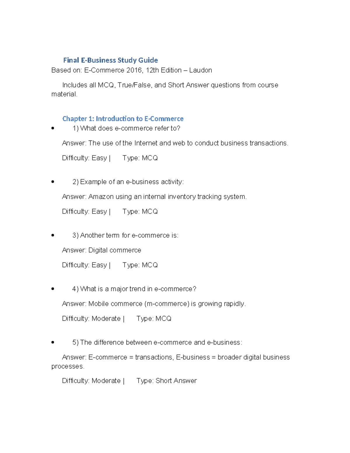 E-Business All Chapters Final Study Guide (2016, 12th Ed.) - Studocu