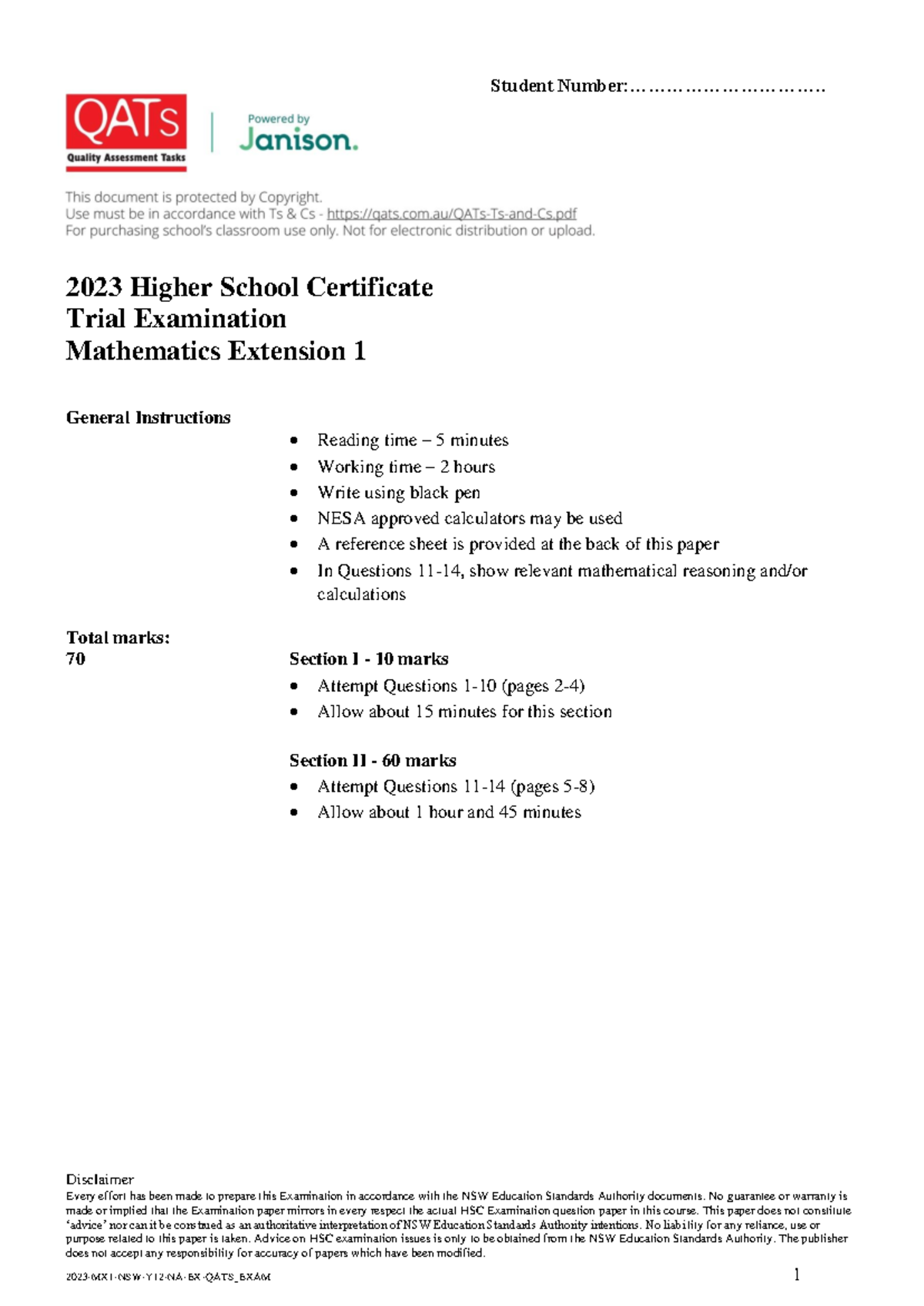 2023 HSC Trial Exam: Mathematics Extension 1 General Instructions - Studocu