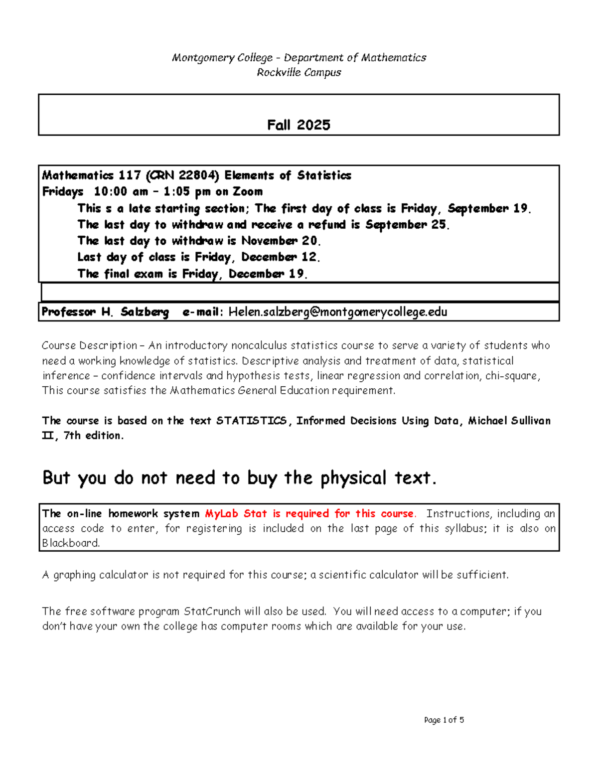 Mathematics 117 (CRN 22804) Syllabus: Elements of Statistics, Fall 2025 ...