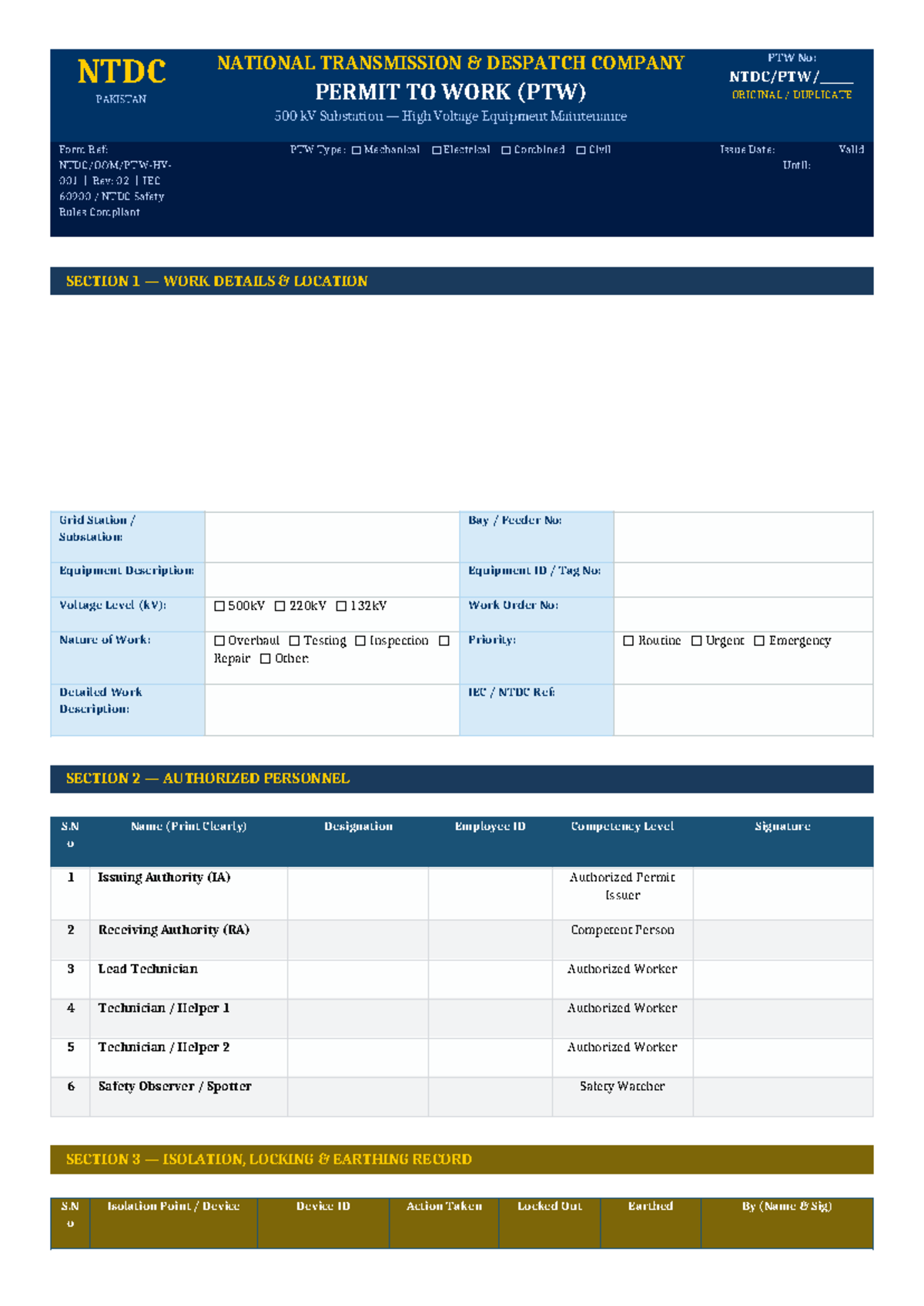 NTDC 500kV Permit to Work (PTW) Maintenance Form - Studocu