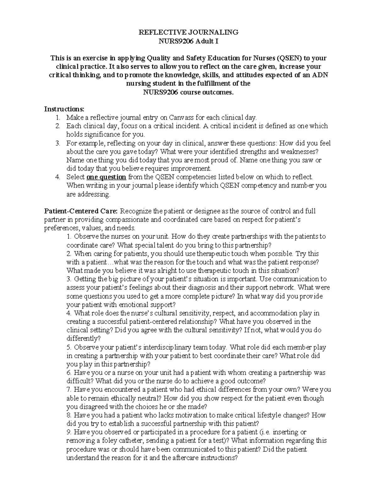 NURS9206 Adult I Reflective Journal: QSEN Questions and Insights - Studocu