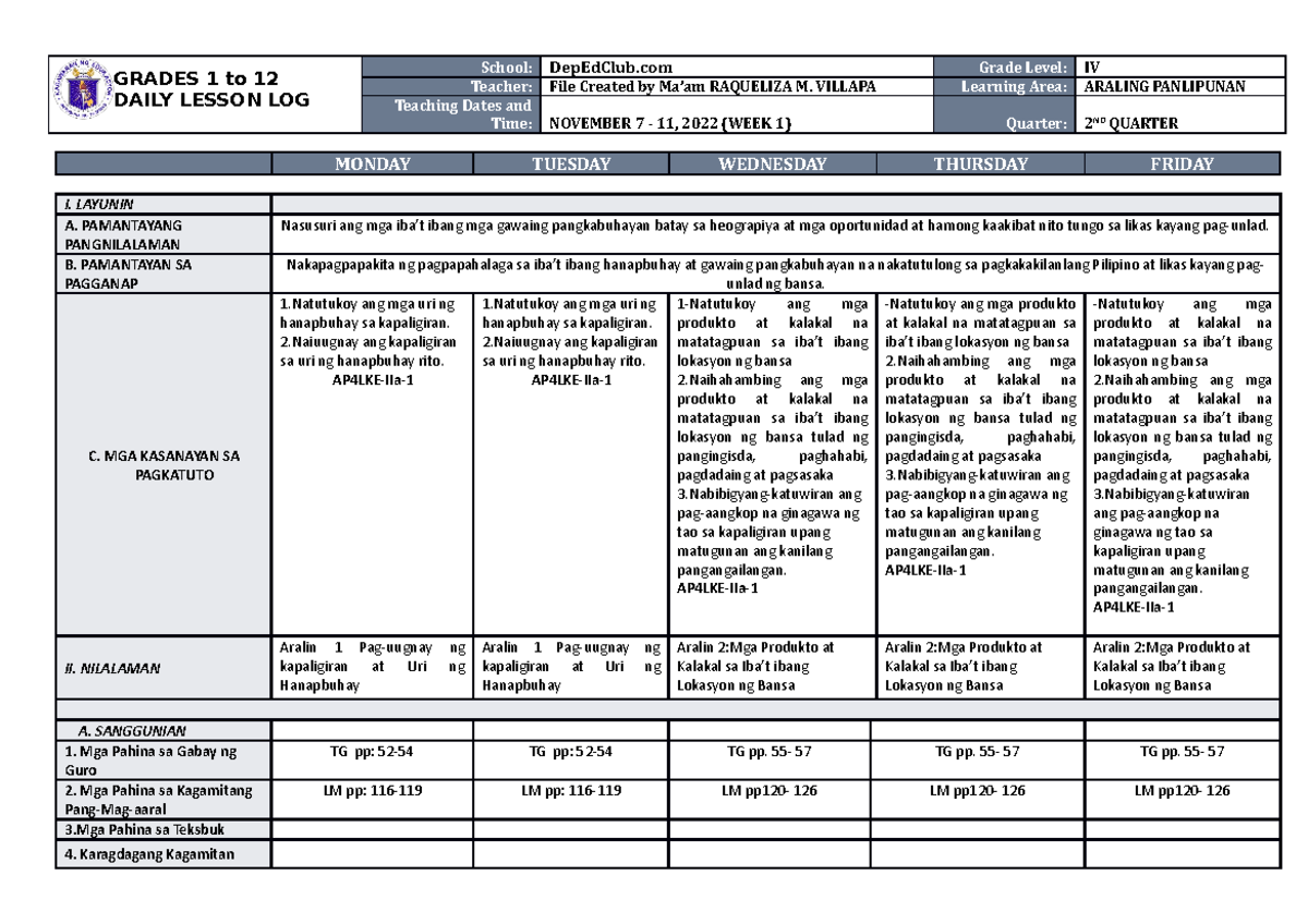 DLL Araling Panlipunan 4 Q2 W1 - GRADES 1 to 12 DAILY LESSON LOG School ...