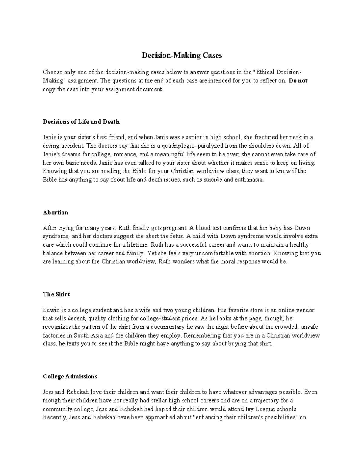Document 6-2 - WORK - Decision-Making Cases Choose only one of the ...