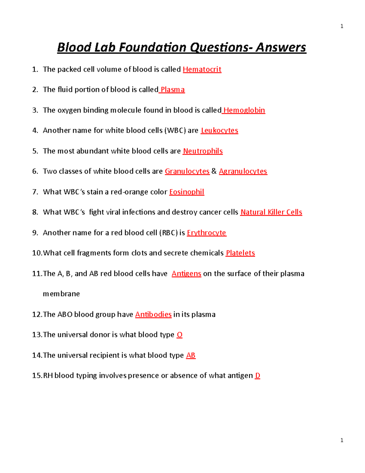 Foundation Questions-Blood - Answers - 1 Blood Lab Foundation Questions ...
