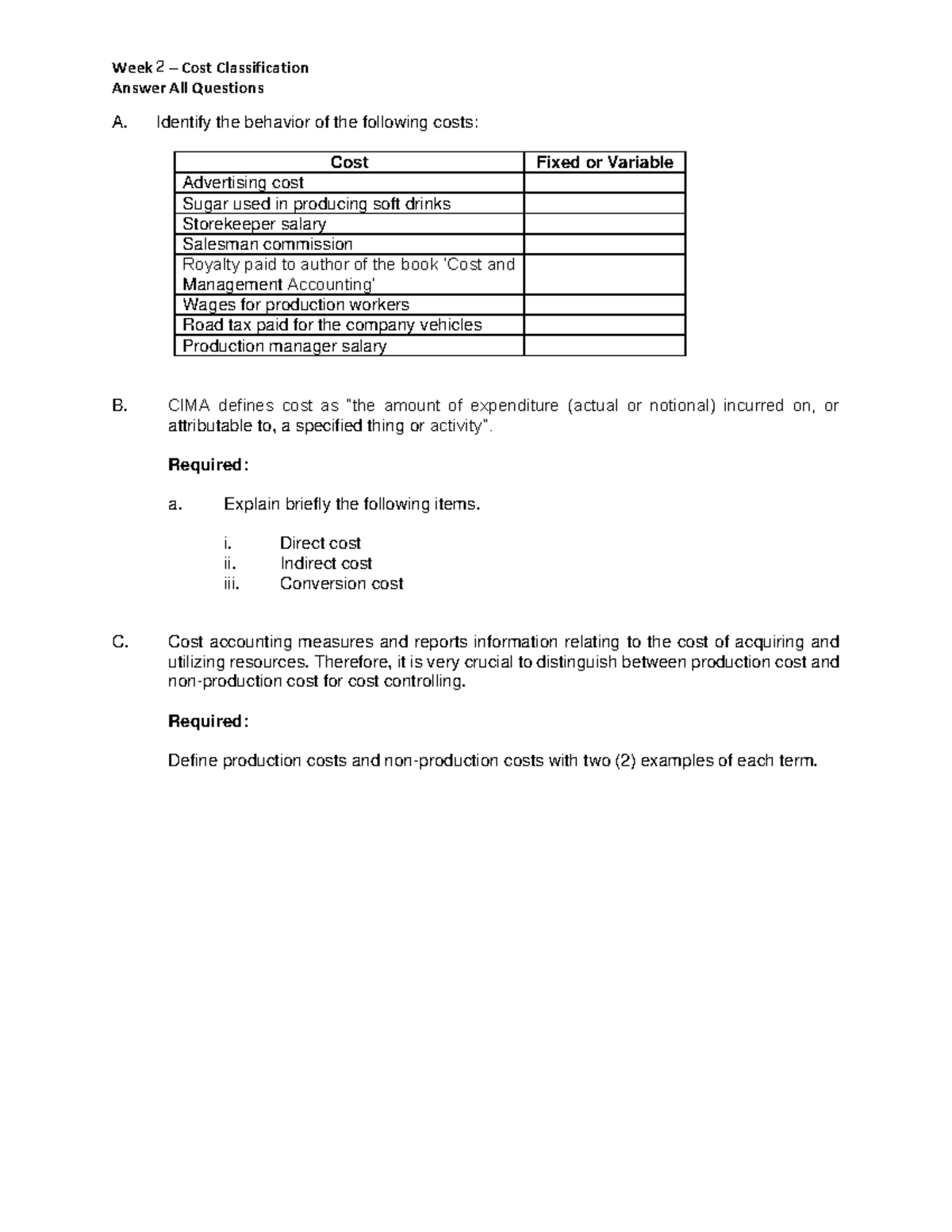 WEEK 2 - Cost Classification and Analysis for Costs Types - Studocu