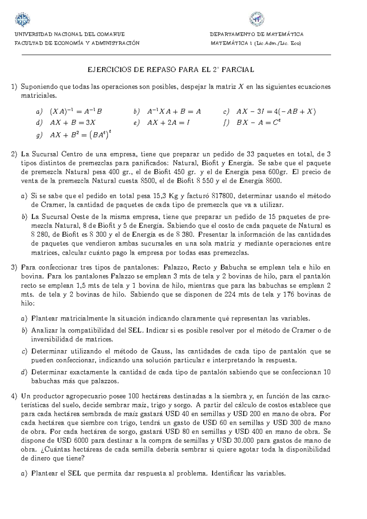 Ejercicios de Repaso para el Parcial 2 - Matrices y Sistemas ...