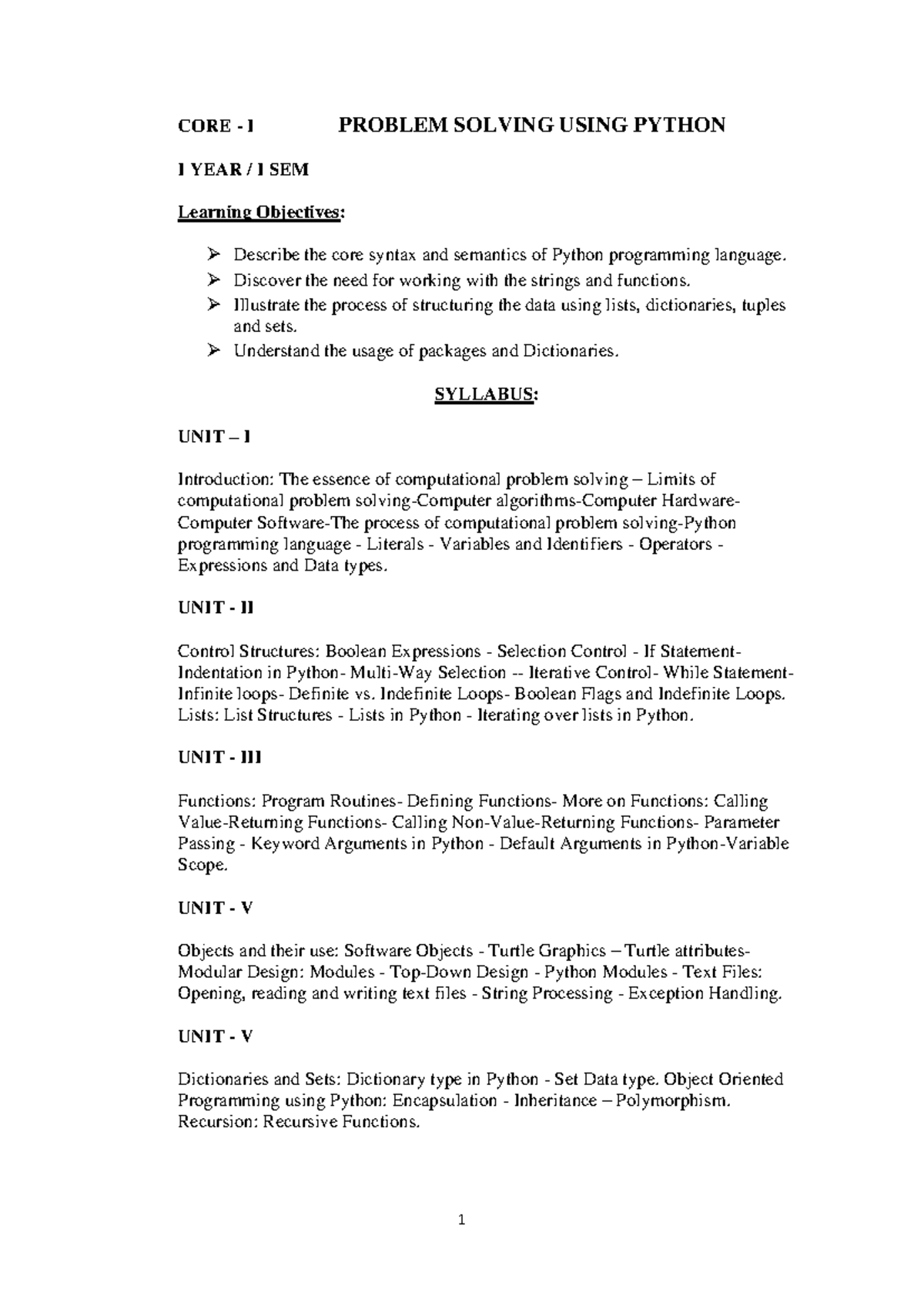 B.Sc. Computer Science I Sem: Problem Solving with Python and Core ...