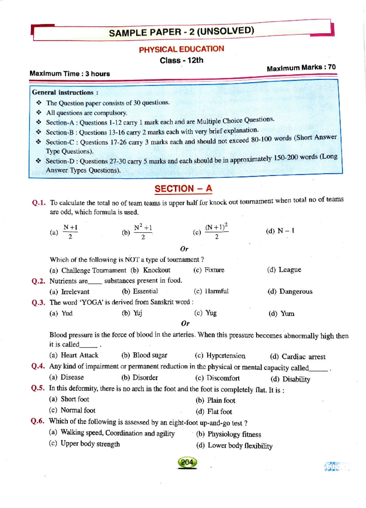 P.Ed Sample 2 - Maximum Time:3 hours General instructions : The ...