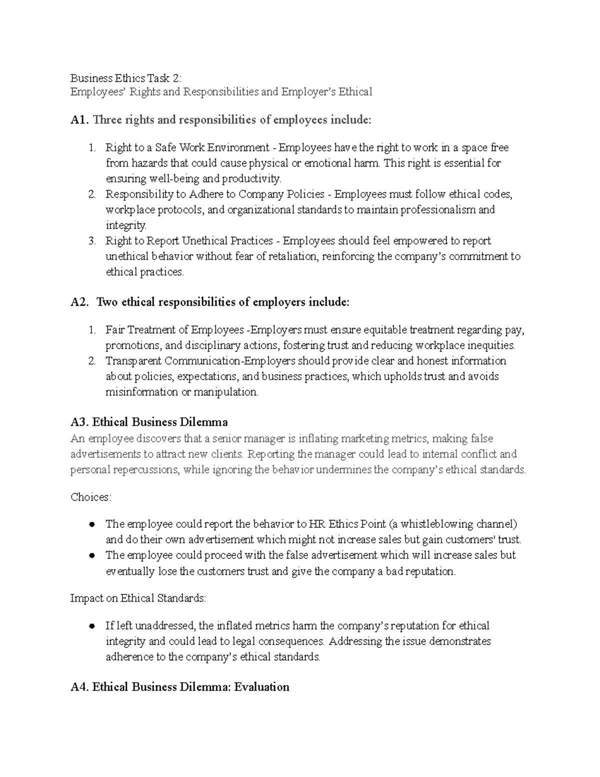 C717 Business Ethics Task 2: Rights, Responsibilities & Dilemmas - Studocu