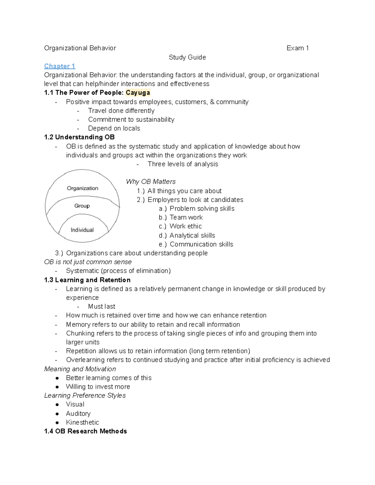 OB 101 Exam 1 Study Guide: Key Concepts and Strategies in ...