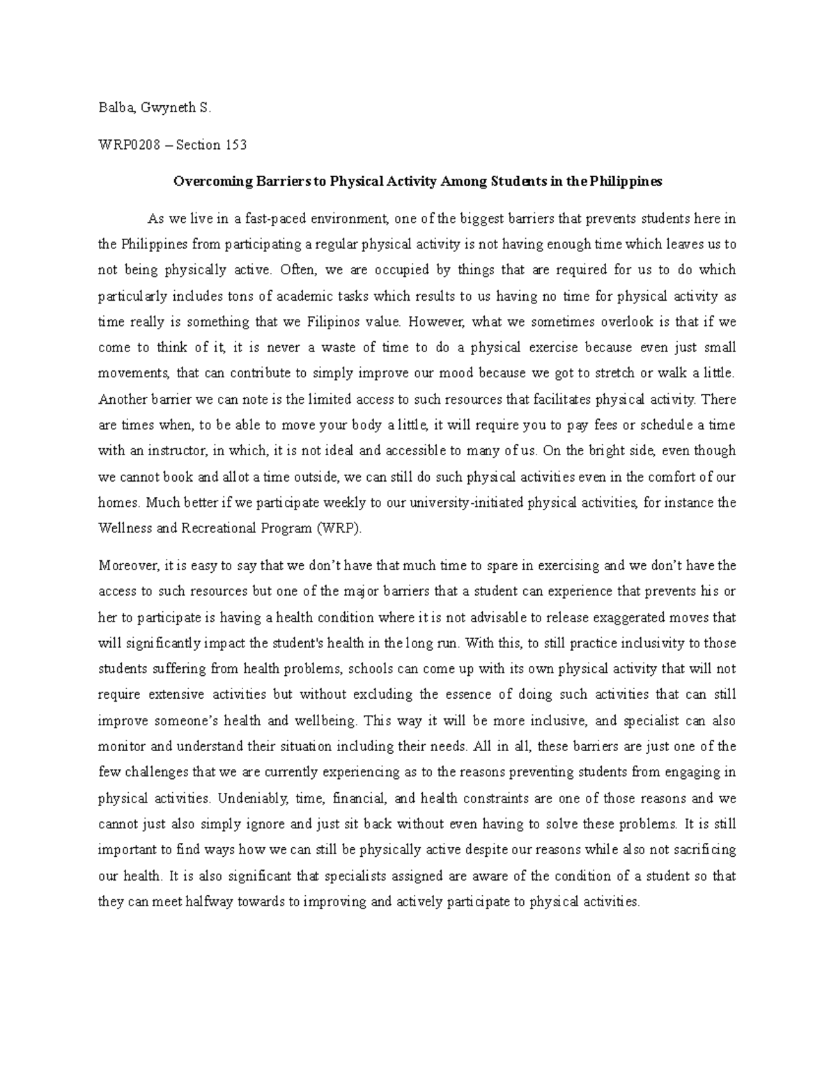 Overcoming barriers to physical activity among students in WRP0208 ...