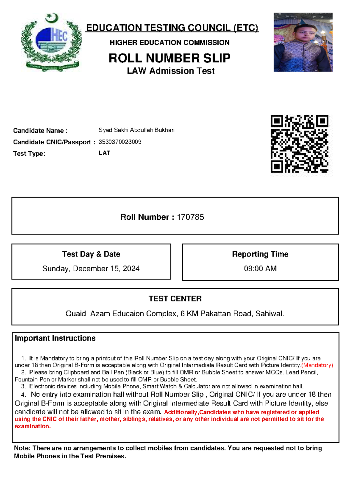 ETC ROLL Number SLIP LAT - Candidate CNIC/Passport : 3530370023009 ...
