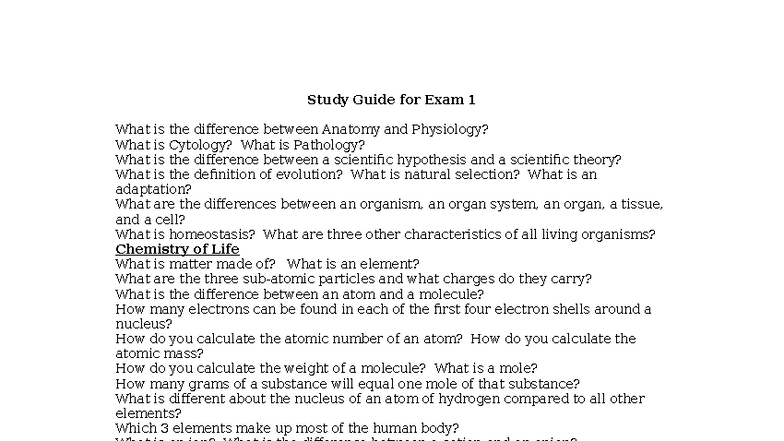 Anatomy & Physiology Study Guide for Exam 1: Key Concepts and Terms ...