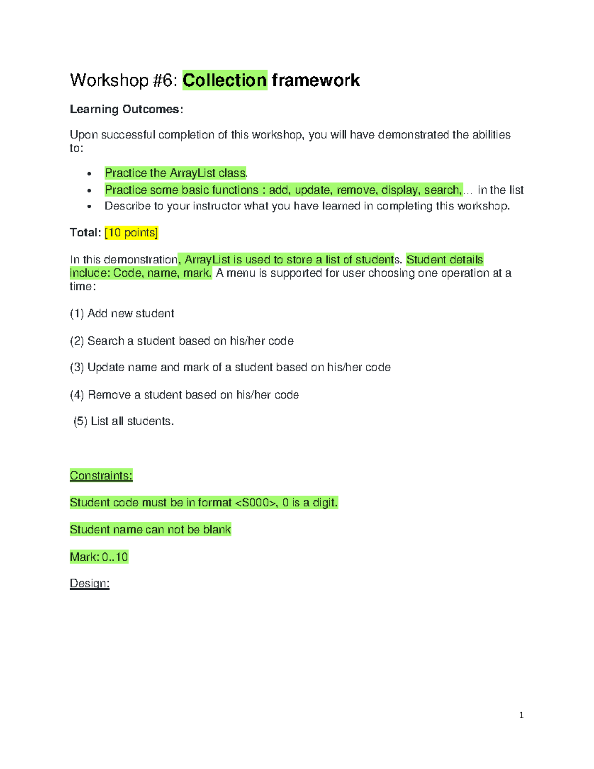 Workshop 6 - chuc pass mon - Workshop #6: Collection framework Learning ...
