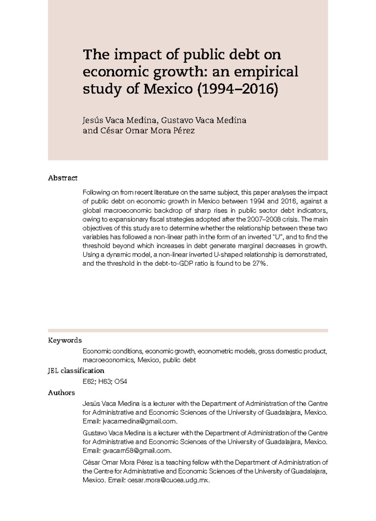 The Impact of Public Debt on Economic Growth in Mexico (1994-2016 ...