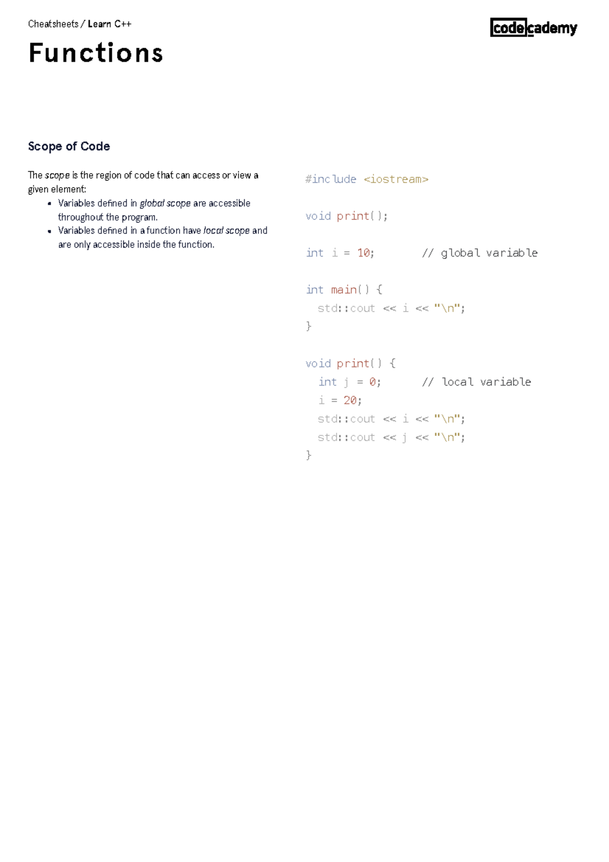 C++ Functions Scope Overview Cheatsheet - Codecademy - Studocu